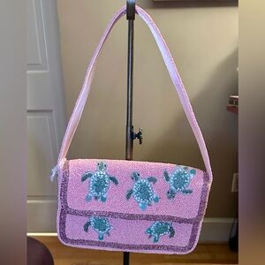 Made in India pink beaded with green turtles shoulder bag